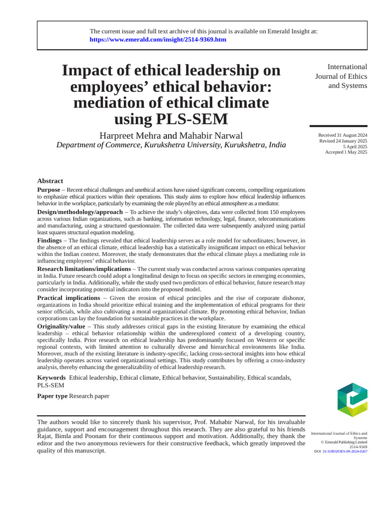 Ethical Leadership and Employee Behavior | PDF | Leadership | Survey ...
