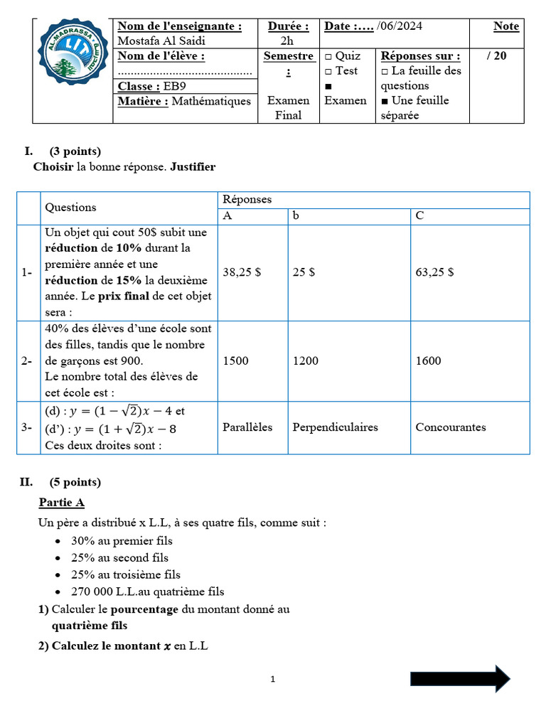Examen de Mathématiques EB9 | PDF | Cercle | Triangle