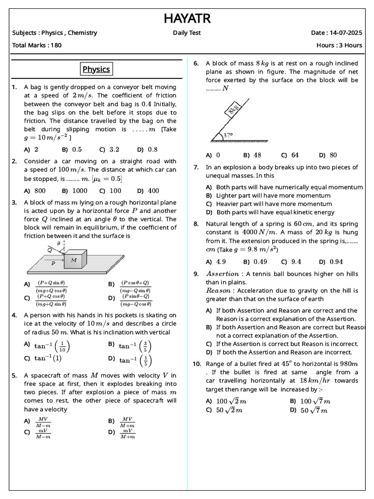 Physics and Chemistry Daily Test 2025 | PDF | Atomic Orbital | Electron ...
