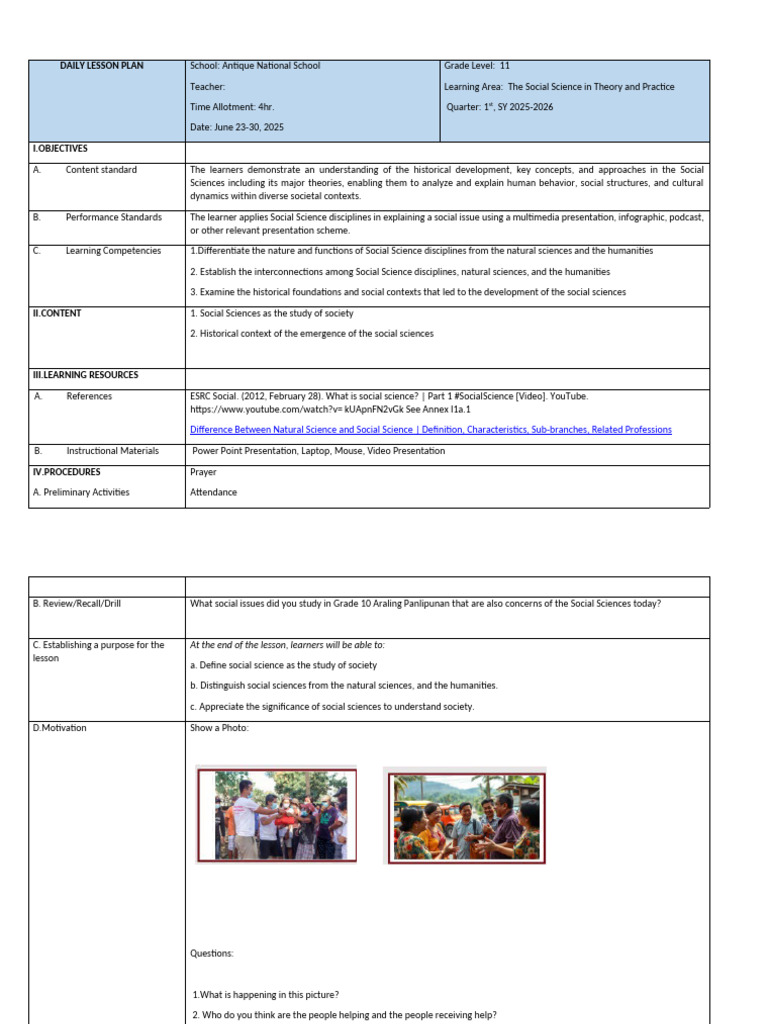 Social Science Lesson Plan for Grade 11 | PDF | Social Sciences | Science