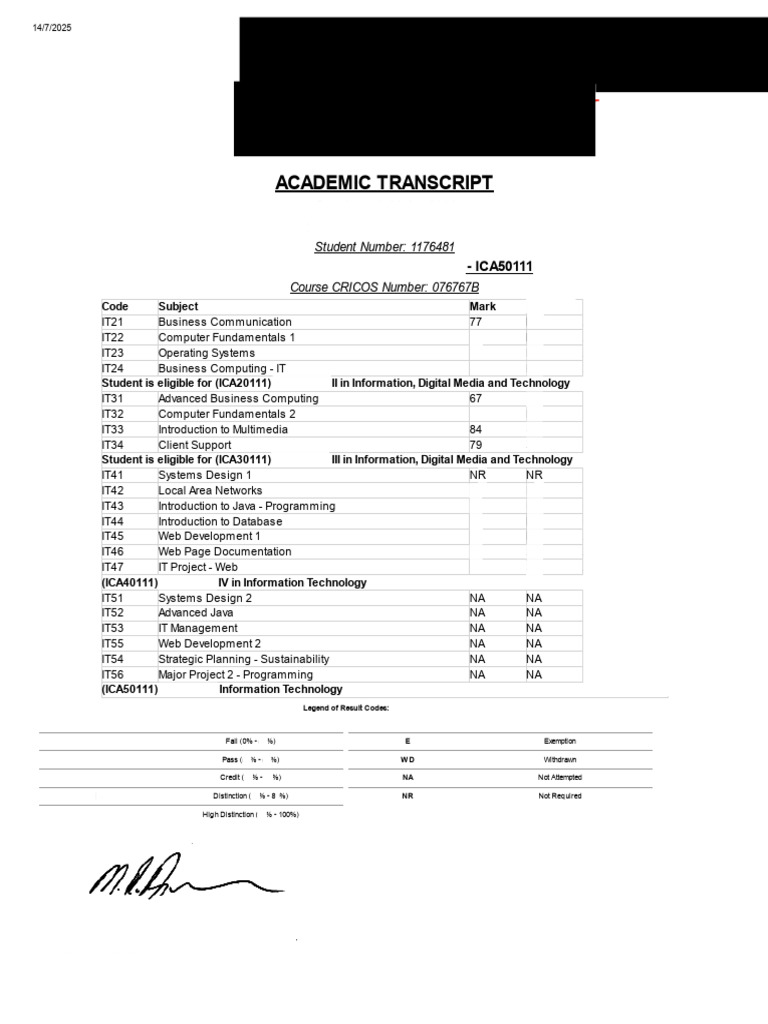 Student Academic Transcript 1176481 | PDF | Educational Stages | Computing