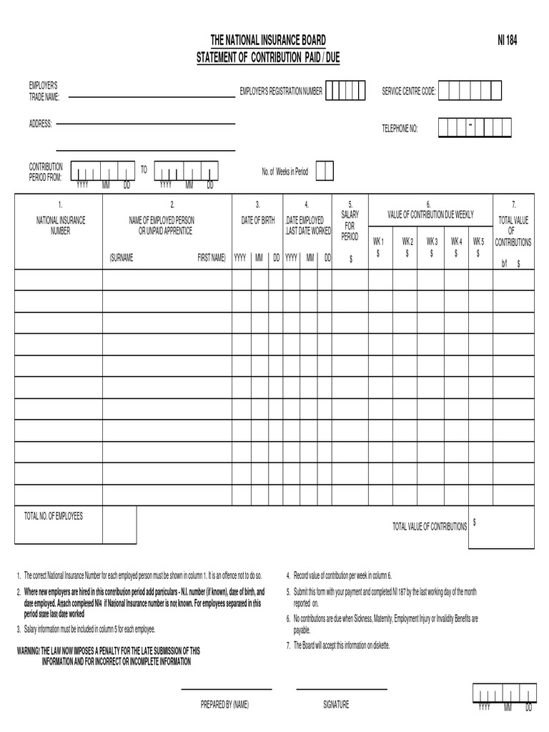 NIS 184 Employer Contribution Form | PDF