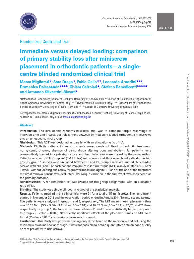 Immediate vs Delayed Loading of Miniscrews | PDF | Randomized ...
