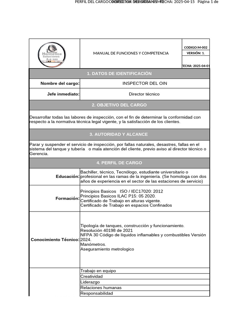 Perfil del Cargo: Inspector del Organismo | PDF | Calidad (comercial)