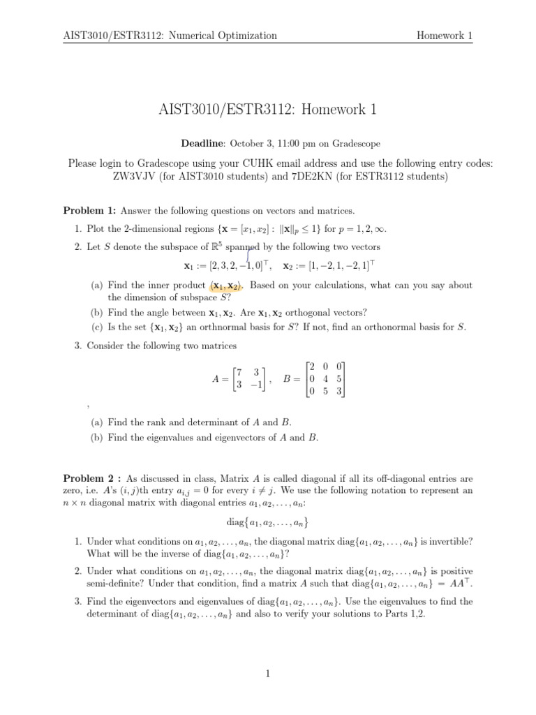 AIST3010 Homework 1: Optimization Problems | PDF | Matrix (Mathematics ...