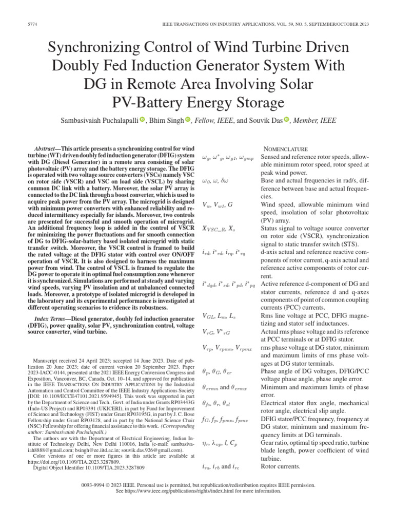 Synchronizing Control of Wind Turbine Driven Doubly Fed Induction ...