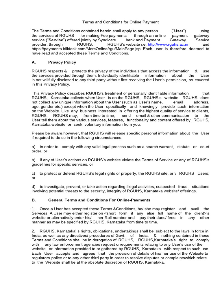RGUHS Online Payment Terms & Conditions | PDF | Credit Card | Debit Card