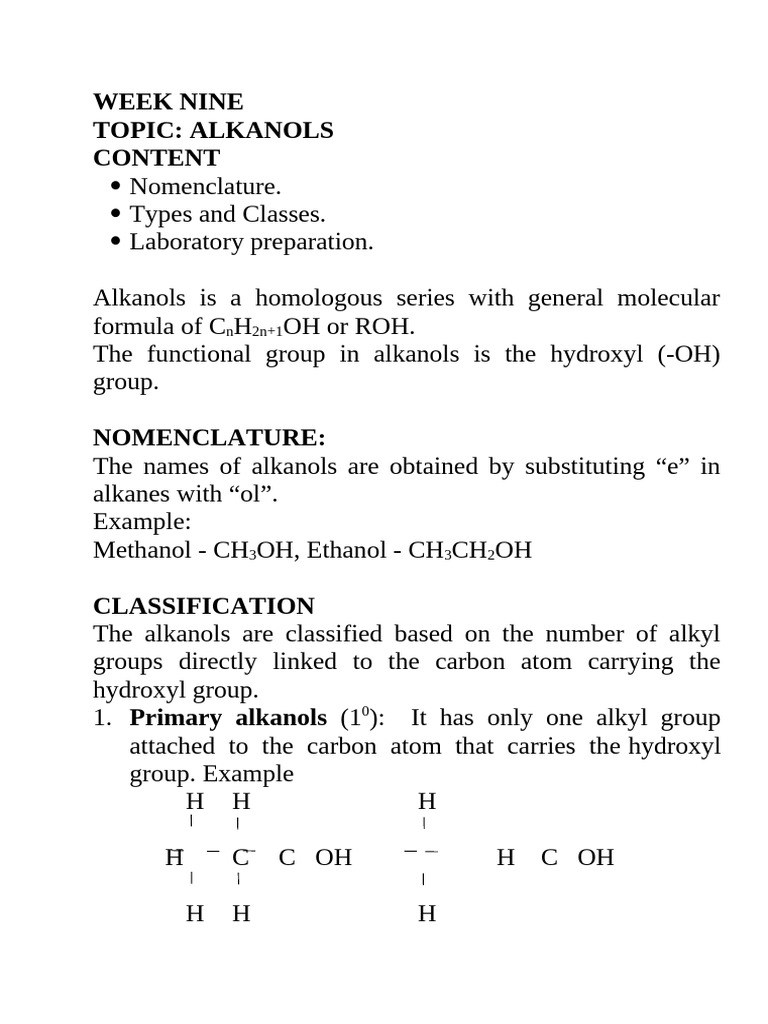 Understanding Alkanols: Types & Preparation | PDF | Starch | Ethanol