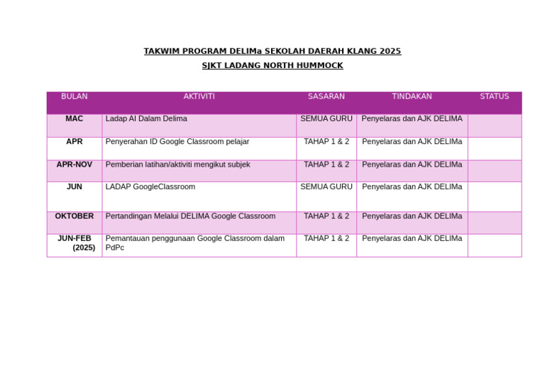 Takwim Program Delima Sekolah Daerah Klang 2025 | PDF