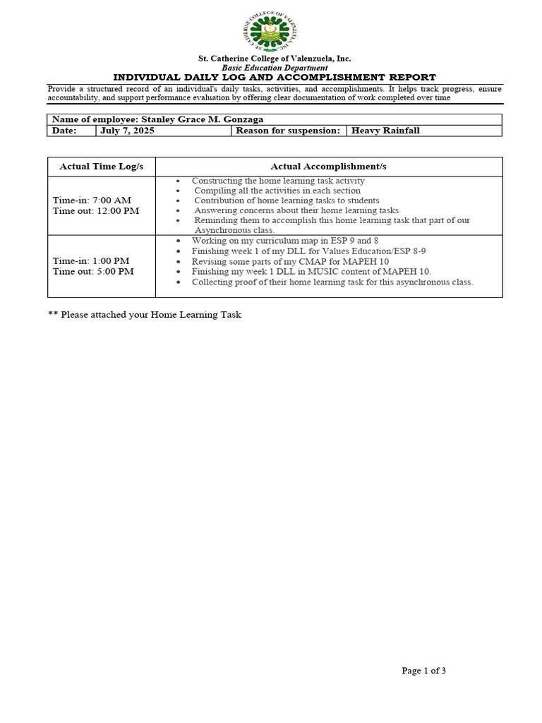 Daily Log and Accomplishment Report | PDF | Learning | Behavior ...
