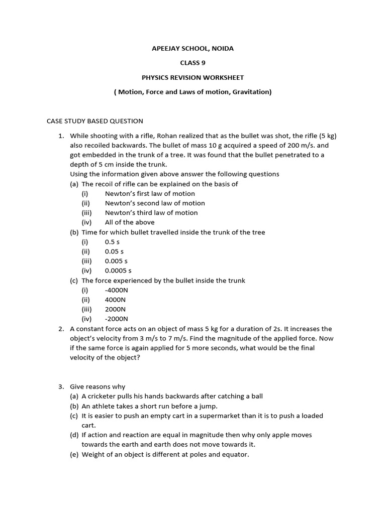 Class 9 Worksheet 2 Term 1 | PDF | Force | Weight