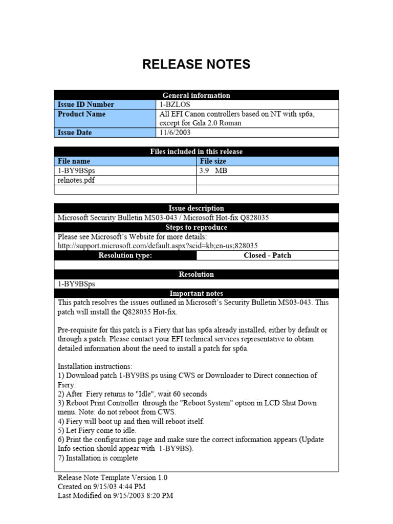 EFI Canon Controller Release Notes 1.0 | PDF