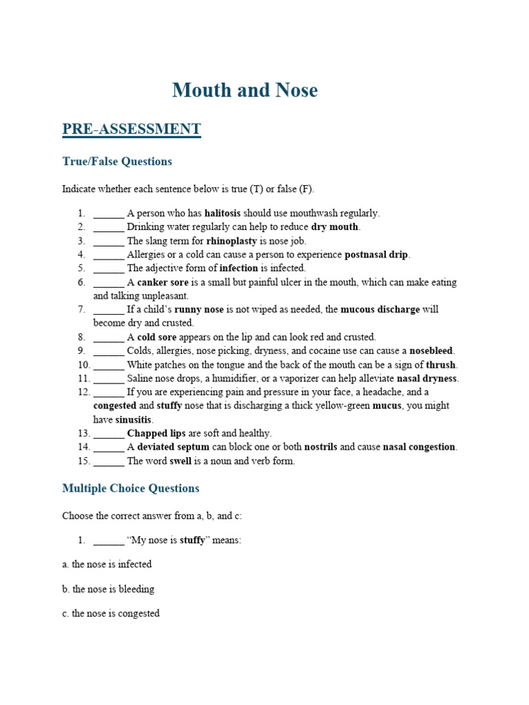 Mouth and Nose Health Assessment Quiz | PDF | Human Nose | Mucus