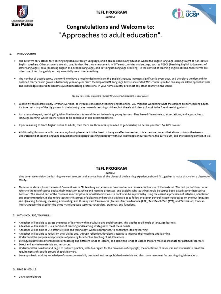 TEFL Course for Adult Educators | PDF | Learning | English As A Second ...