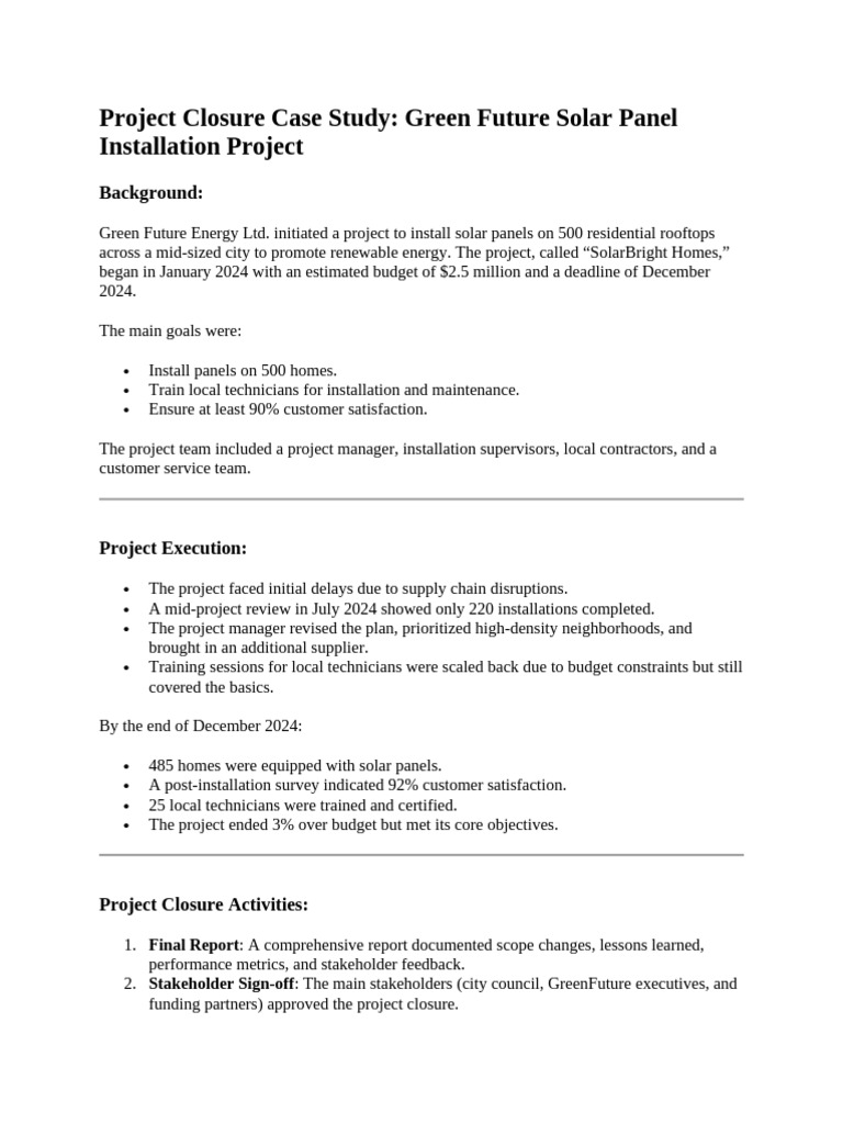 Solar Panel Project Closure Case Study | PDF