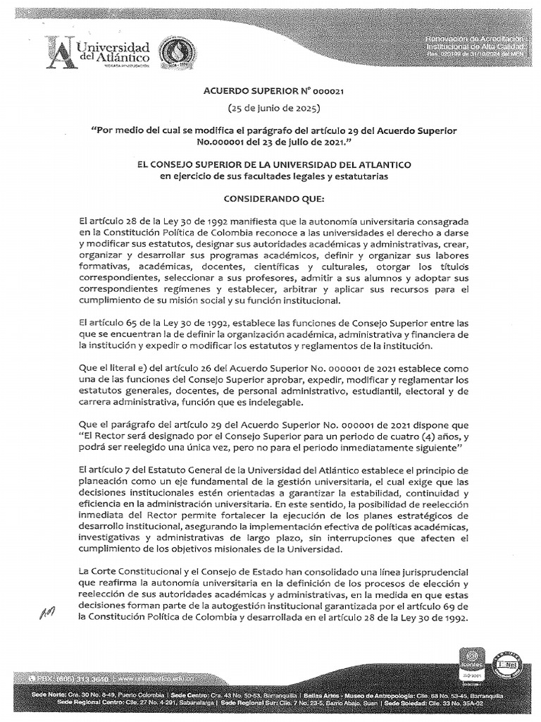 Acuerdo Superior No 000021 de 25 de Junio de 2025 | PDF