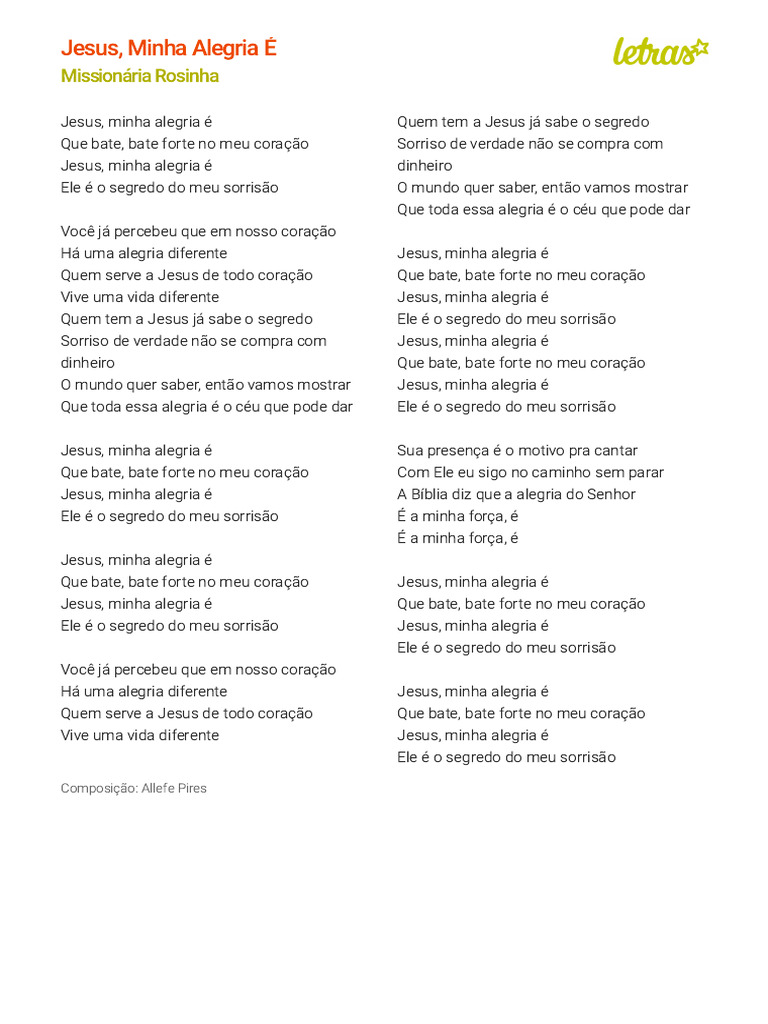 JESUS, MINHA ALEGRIA É - Missionária Rosinha (Impressão) | PDF, image size:768x1024