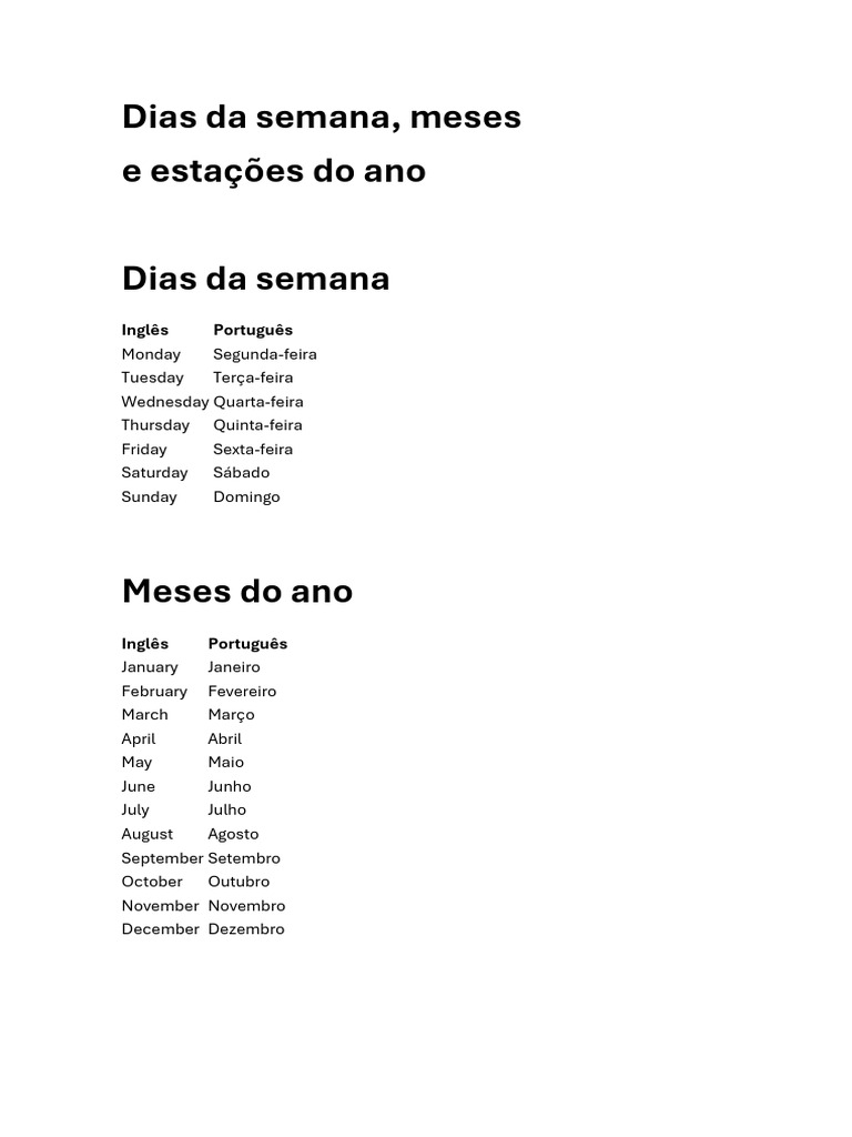 Dias, meses e estações em inglês e português | PDF