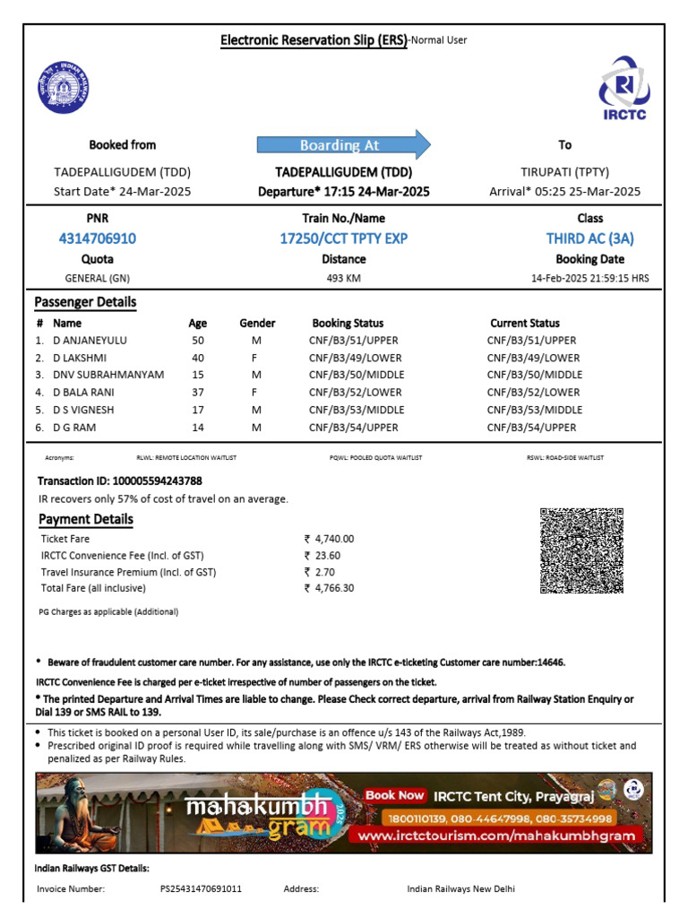 ERS for Train 17250: TTD to TPTY | PDF | Identity Document