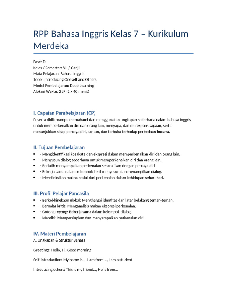RPP Bahasa Inggris Kelas 7 Semester 2 | PDF