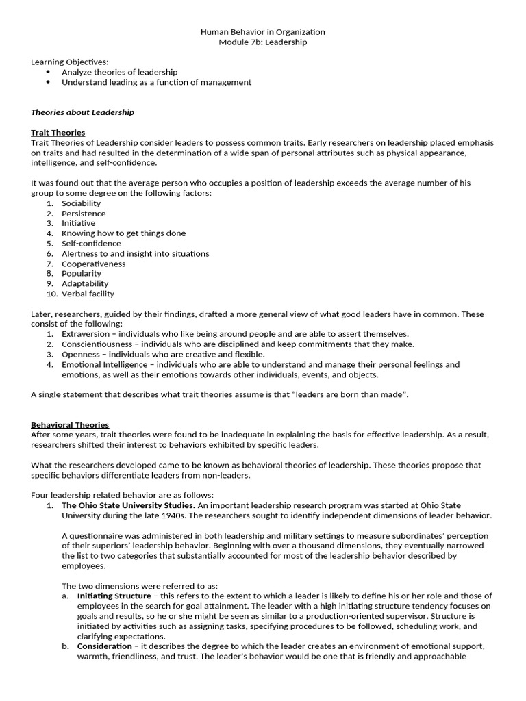 Leadership Theories and Styles Overview | PDF | Leadership | Psychology