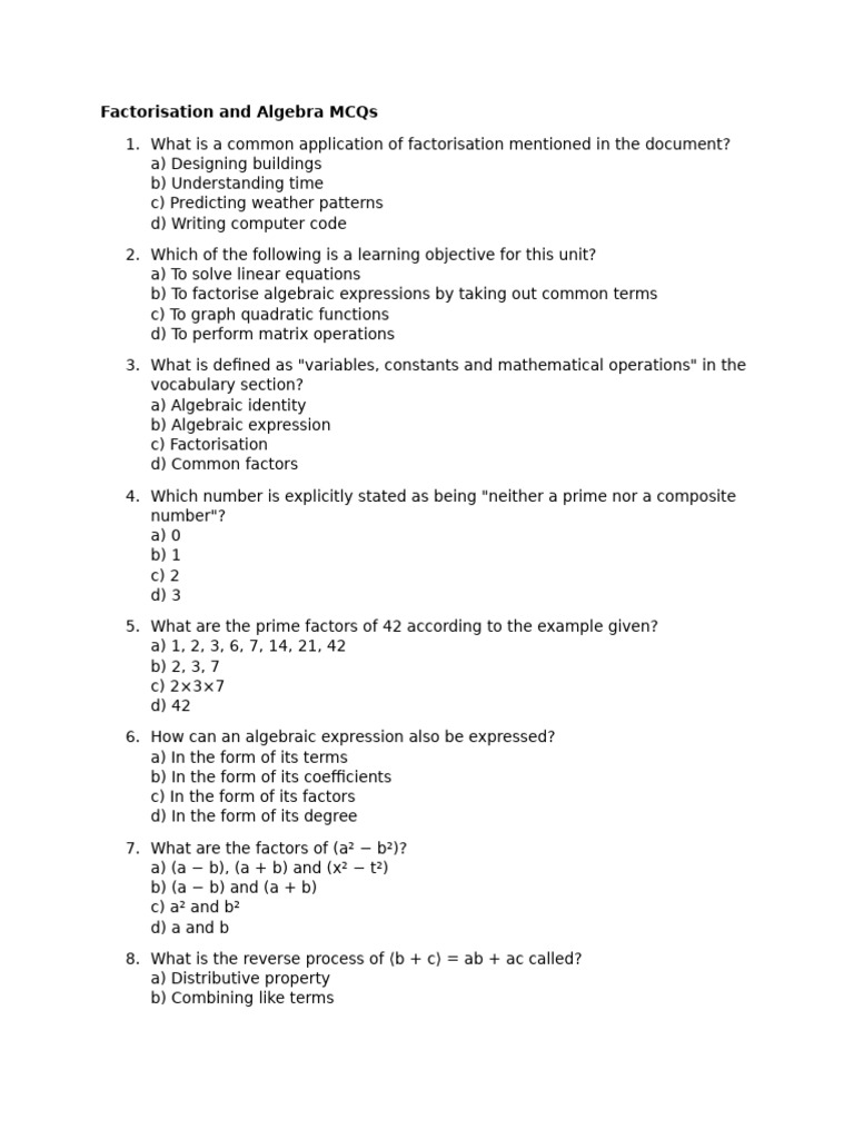 Factorisation and Algebra MCQs Guide | PDF | Factorization | Algebra