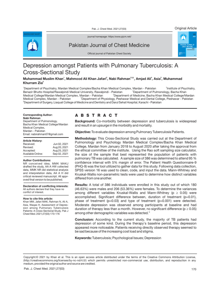 Depression in Pulmonary TB Patients | PDF | Tuberculosis | Major ...