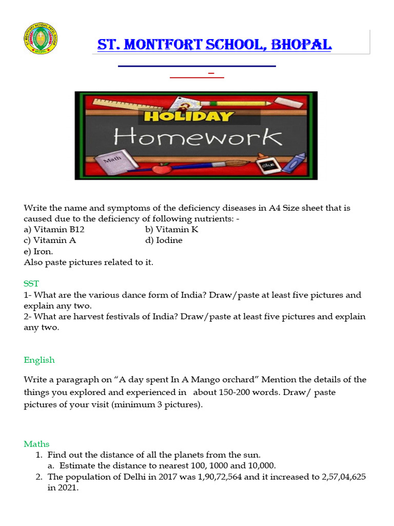 Holiday Homework 2024-25 Class 6 | PDF