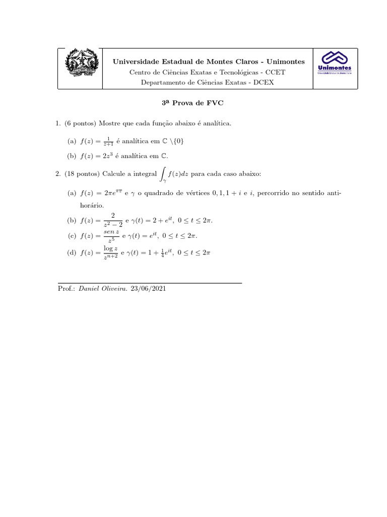 Prova de FVC: Funções Analíticas e Integrais | PDF