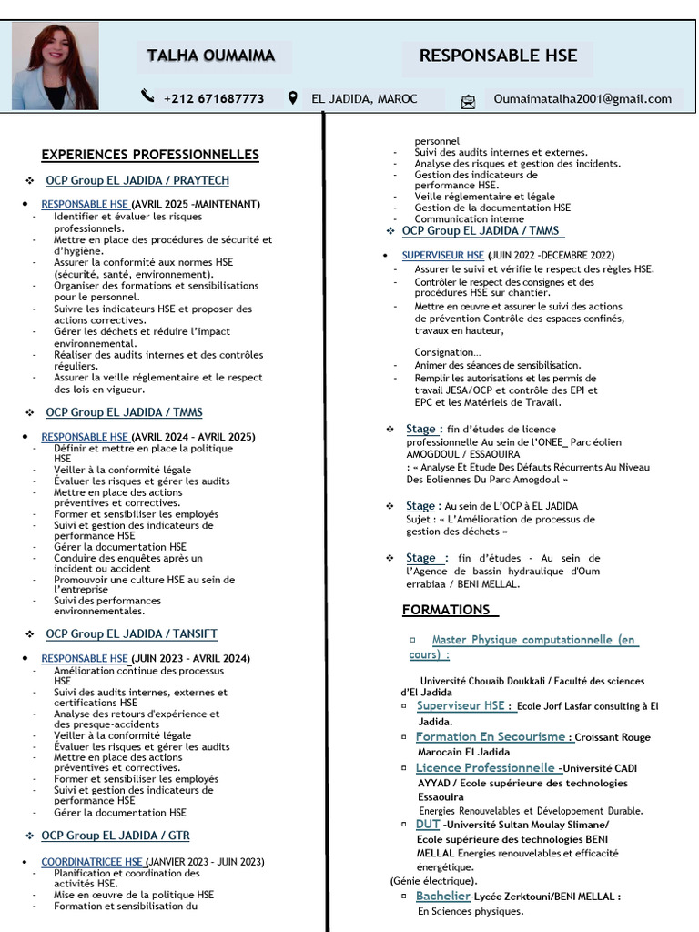 Responsable HSE : Talha Oumaima | PDF