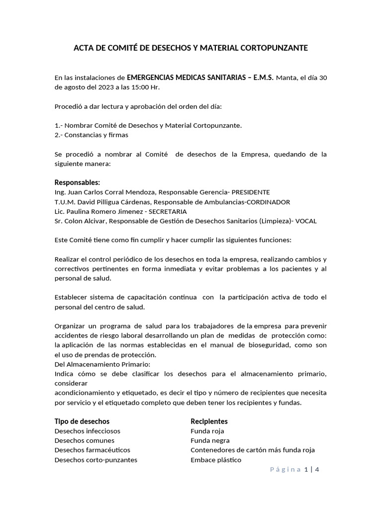 Acta de Comité de Desechos y Material Cortopunzante | PDF | Residuos