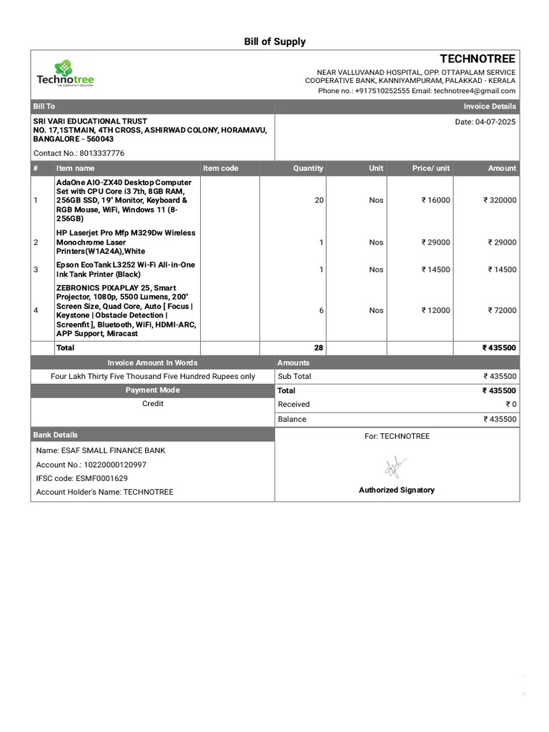 Computer Purchase Invoice for TECHNOTREE | PDF | Printer (Computing ...