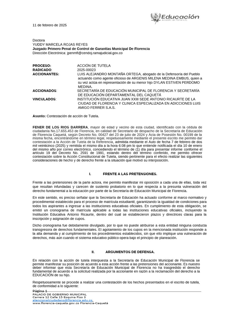 Contestación Acción de Tutela Educación | PDF | Justicia | Crimen y ...