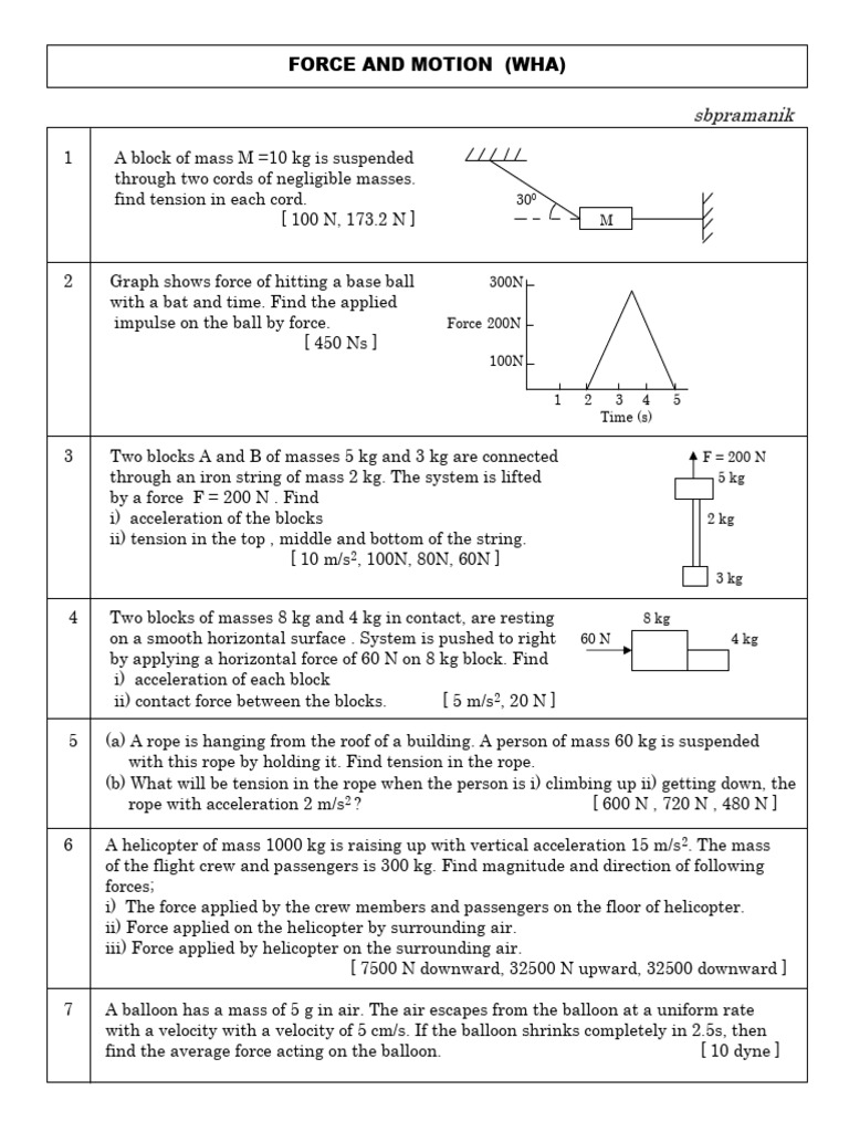 Force and Motion Problem Set | PDF | Force | Mass