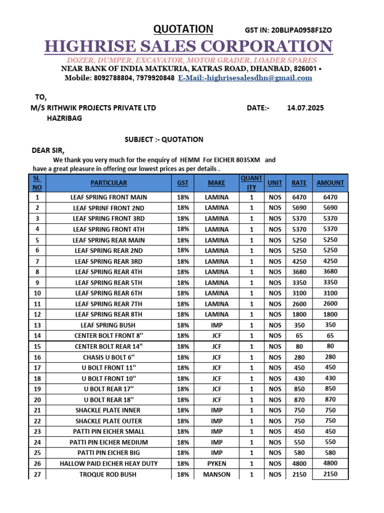 Rithwik Projects Quotation for HEMM Parts | PDF | Land Vehicles