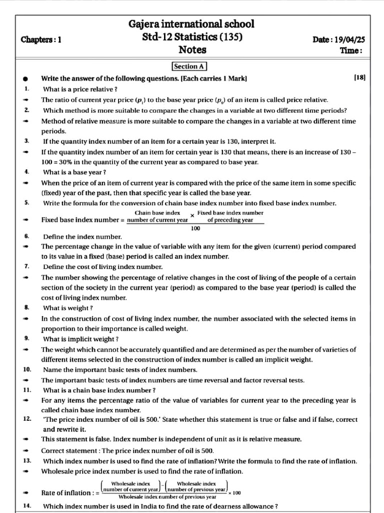 Class 12 Statistics: Index Numbers Guide | PDF | Cost Of Living | Index ...