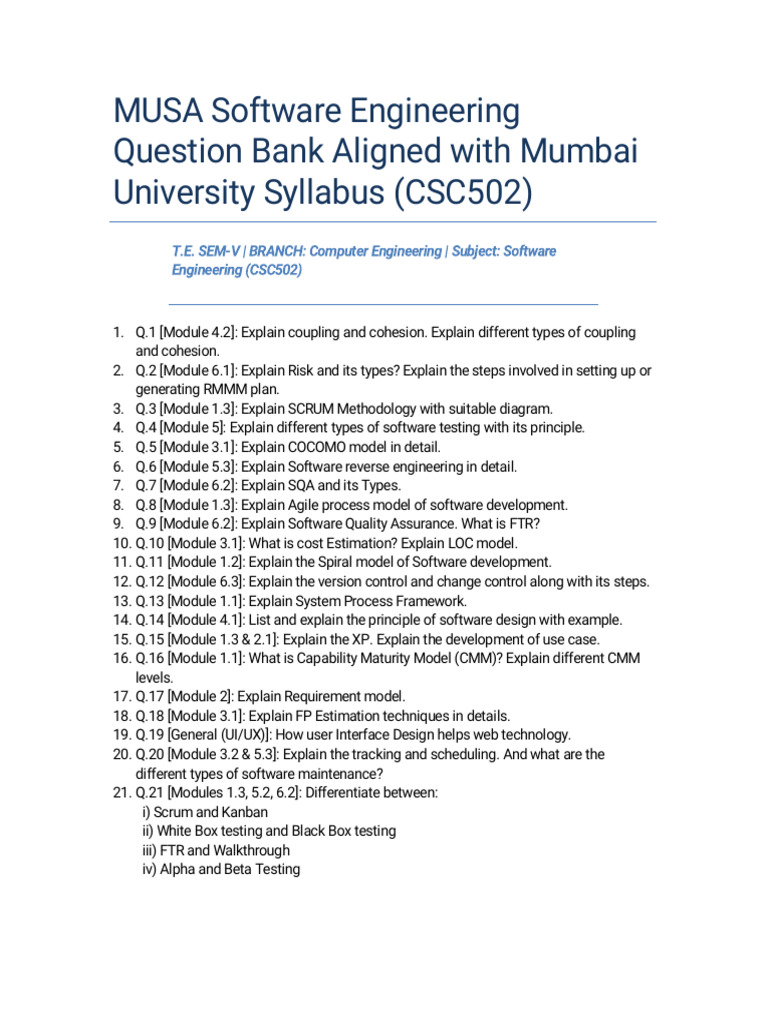 MUSA Software Engineering Question Bank | PDF