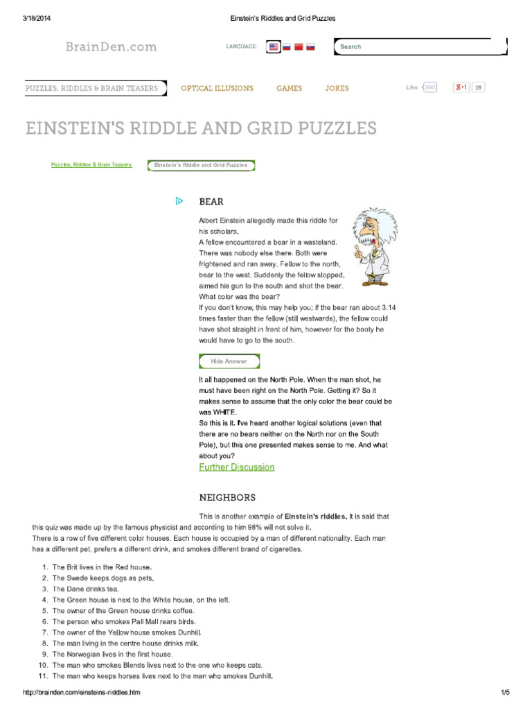 Einstein - S Riddles and Grid Puzzles | PDF