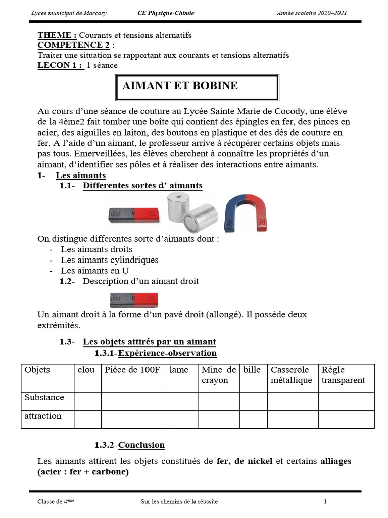 Aimants et bobines en 4ème PDF Aimant permanent Tension électrique — free download
