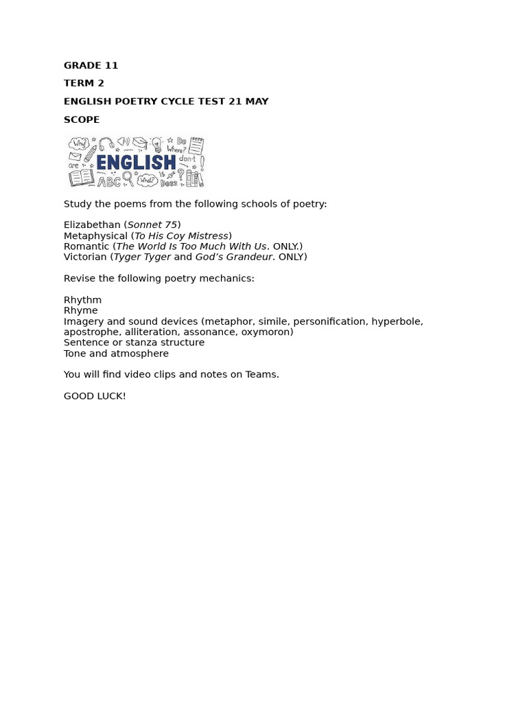 Grade 11 English Poetry Test Guide | PDF