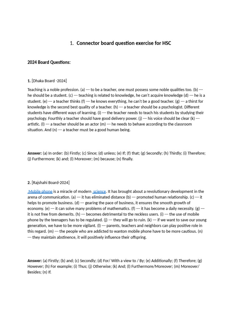 HSC 2024 Connector Board Questions | PDF | Mars | Teachers