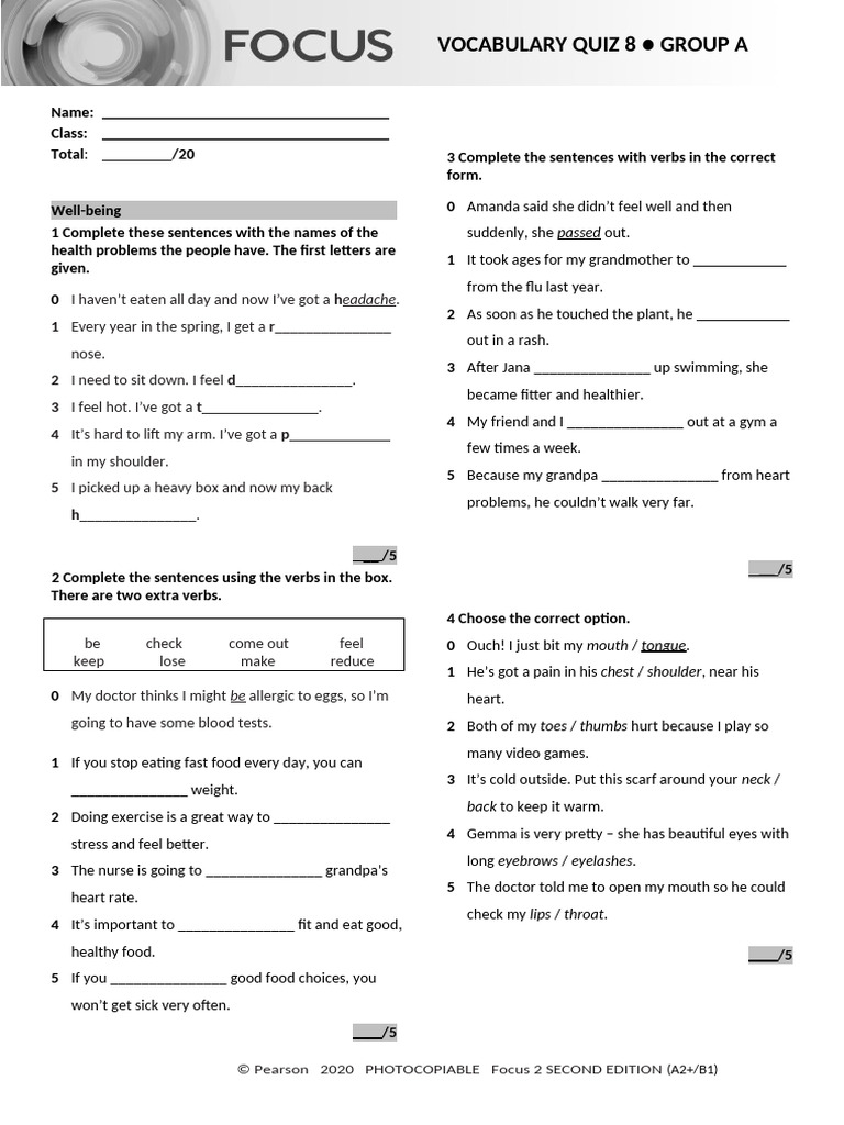 Focus 2 Unit 8 Vocabulary Quiz | PDF | Diseases And Disorders