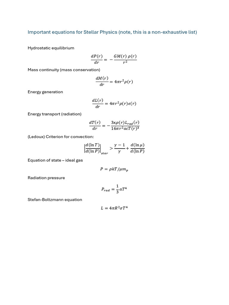 Stellar Physics Equation List - Non-Exhaustive | PDF
