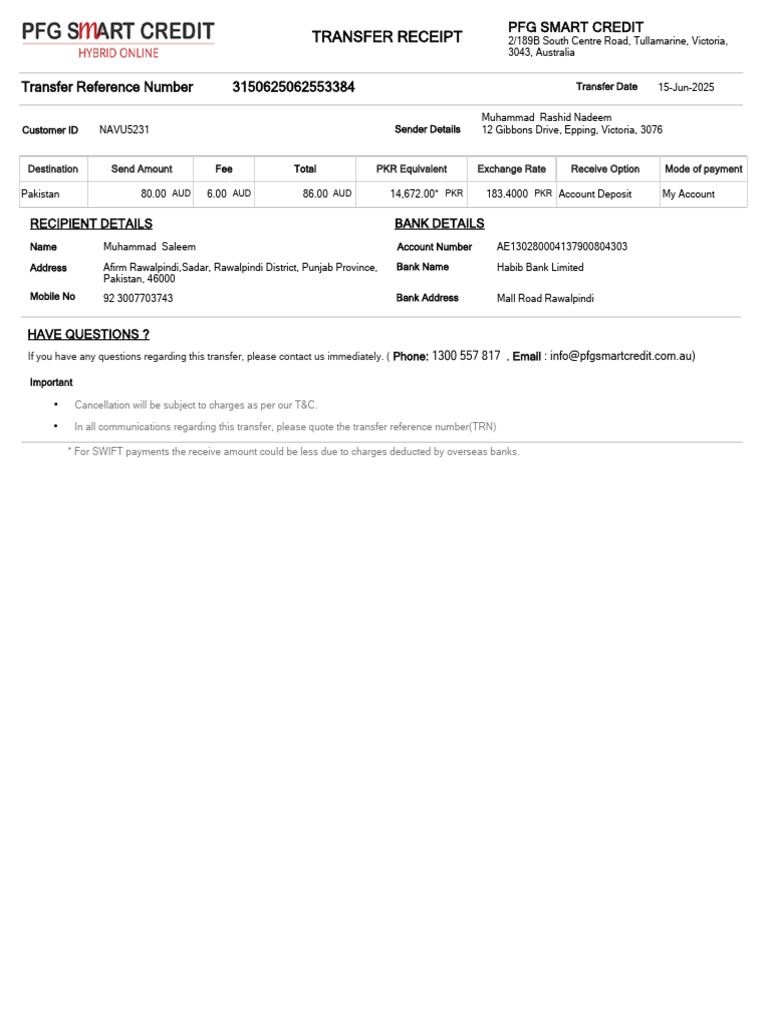 Transfer Receipt: Recipient Details Bank Details | PDF