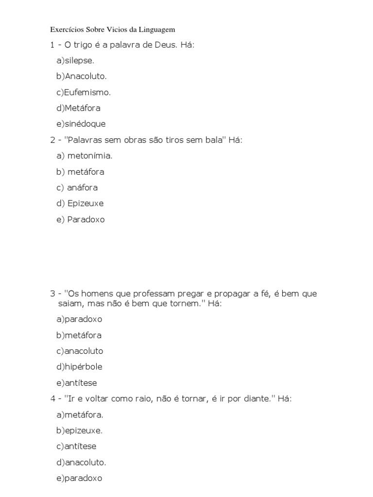 Exercícios sobre Vícios de Linguagem | PDF | Metáfora | Pronome
