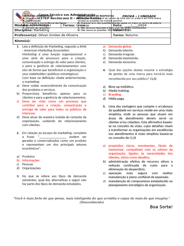 Prova de Marketing - EJA com Gabarito | PDF | Marketing | Economias