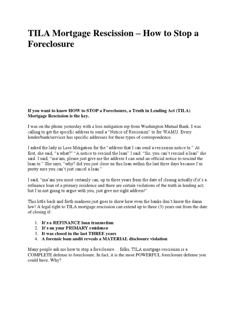 TILA Mortgage Rescission Explained | PDF | Rescission | Foreclosure