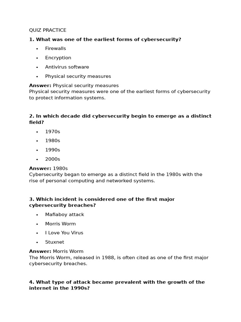 Cybersecurity Quiz: Key Concepts & Practices | PDF | Security ...