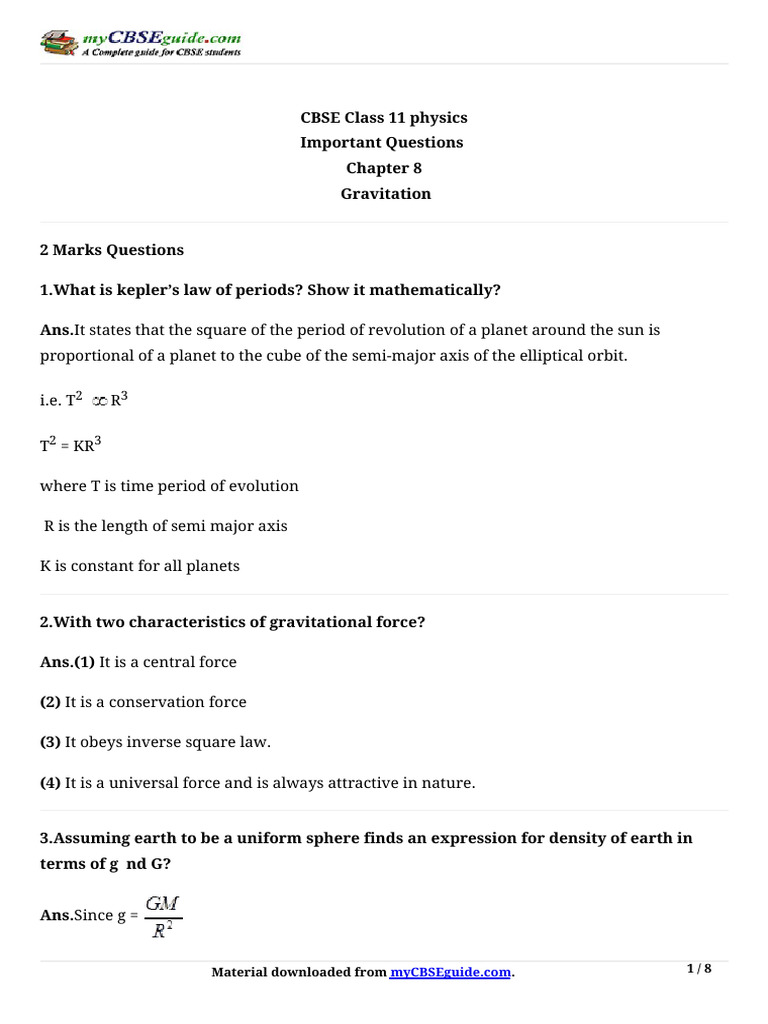 Important Questions on Gravitation for CBSE Class 11 | PDF | Orbit ...