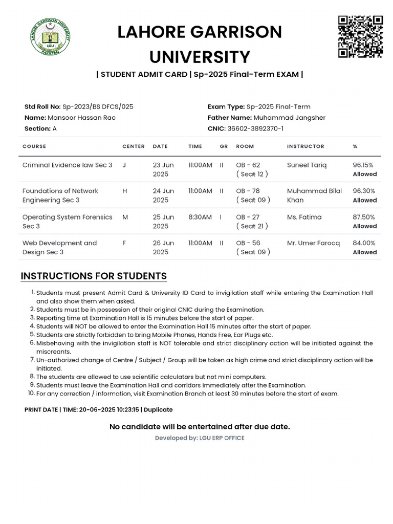 Mansoor Hassan Rao-Rollno-Slip | PDF